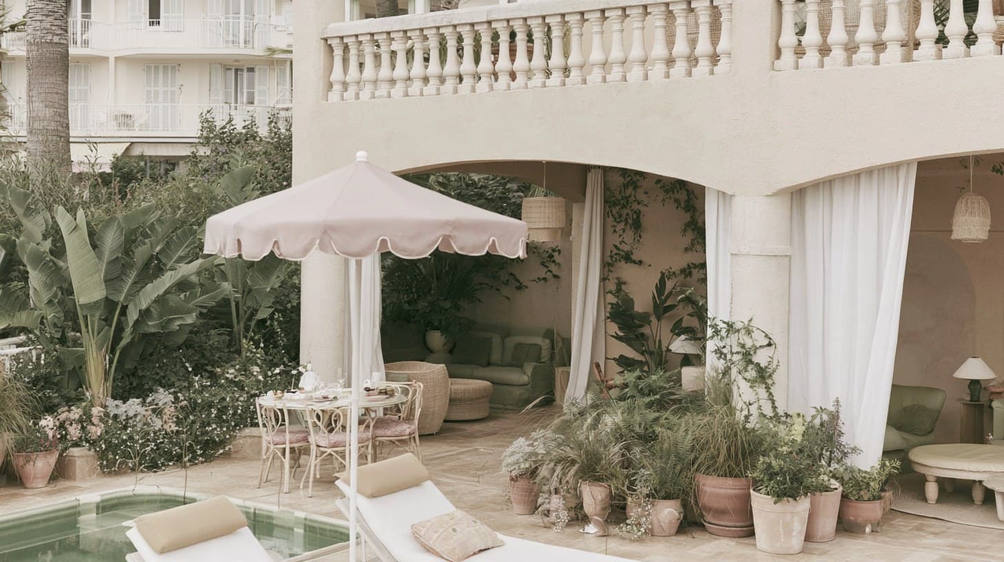 A small hotel on Cap d'Antibes: white parasols and sunbeds by the pool, the sea and the coast behind