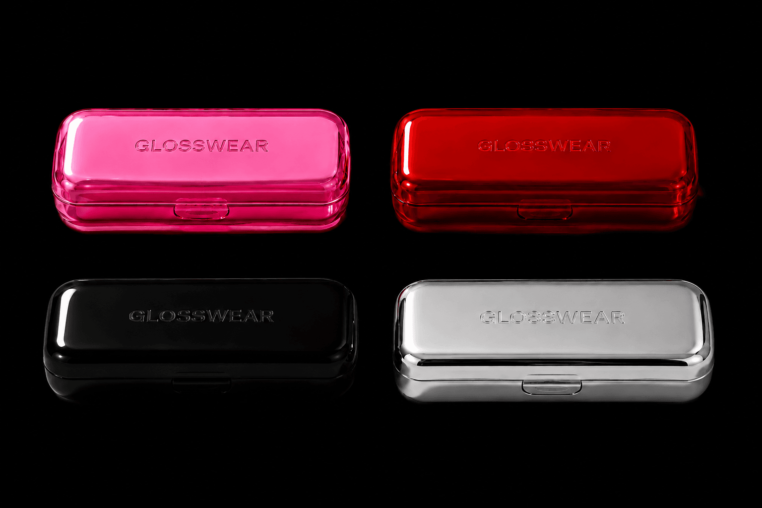 Four Glosswear cases in pink, red, black and silver, each embossed with the wordmark, glossy and translucent.