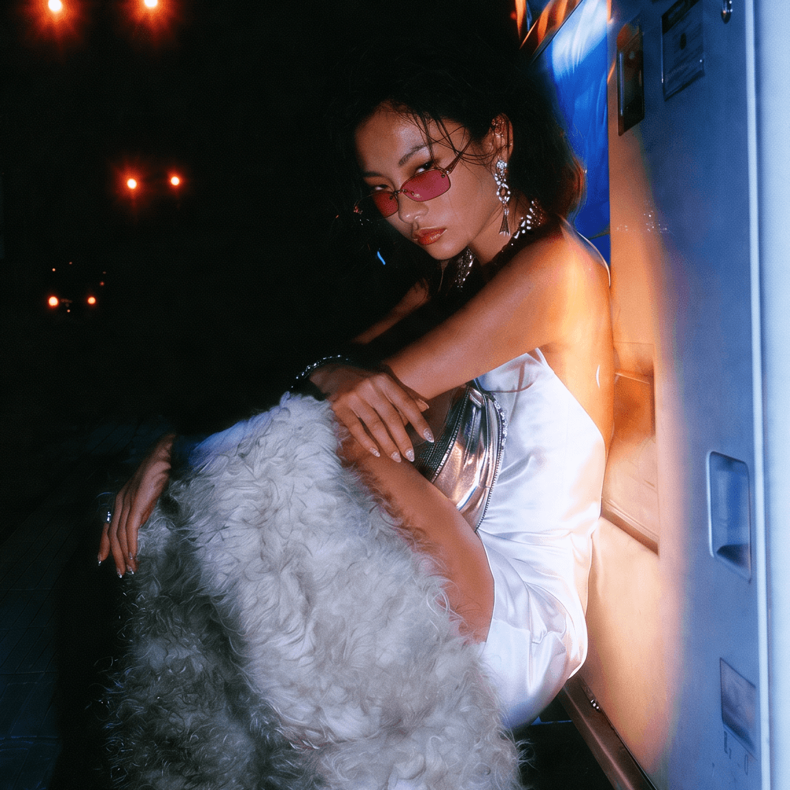 A woman crouches beside a lit surface at night in pink-tinted sunglasses, a white satin dress and a faux fur coat.