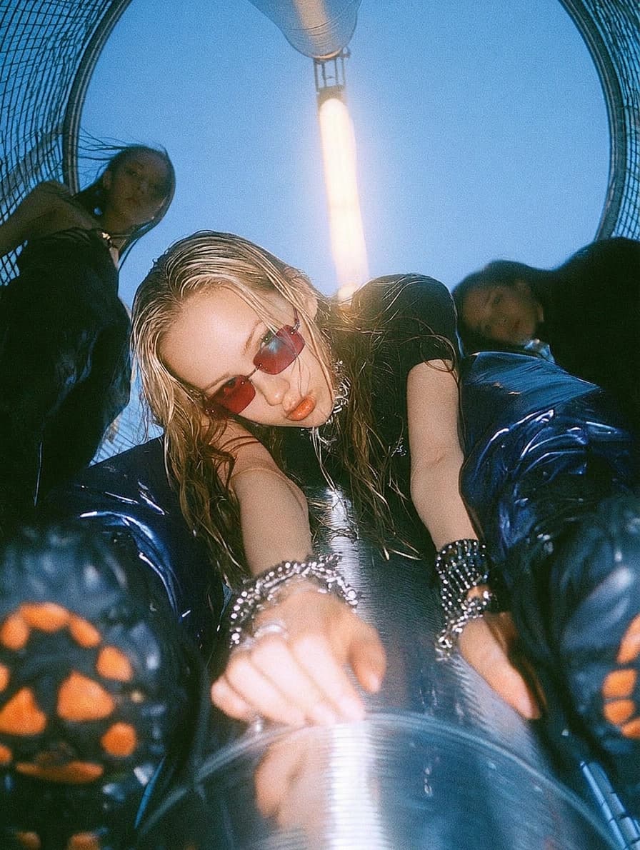 Three women in wet hair and red-tinted sunglasses look down through a lit tunnel frame.