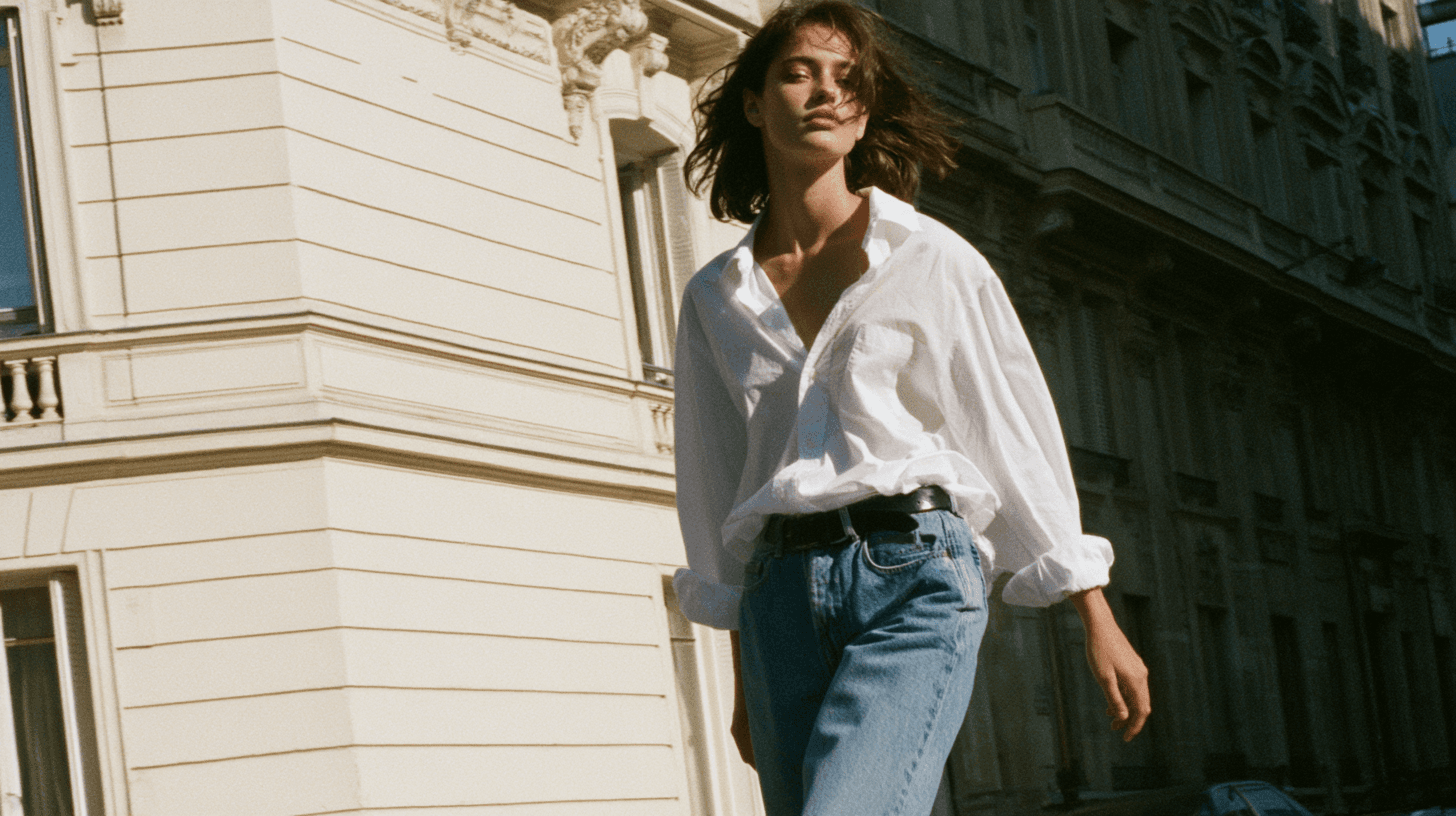 A woman in an oversized white shirt and blue jeans walks low against a cream stone Parisian building in hard sun.