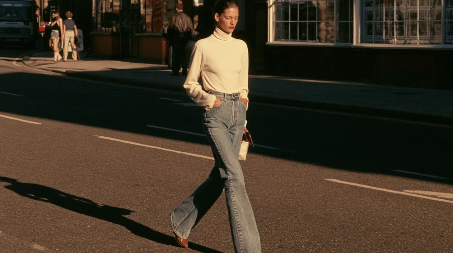 A woman crossing an empty road in a pale yellow rollneck and wide blue jeans, long shadow behind her.