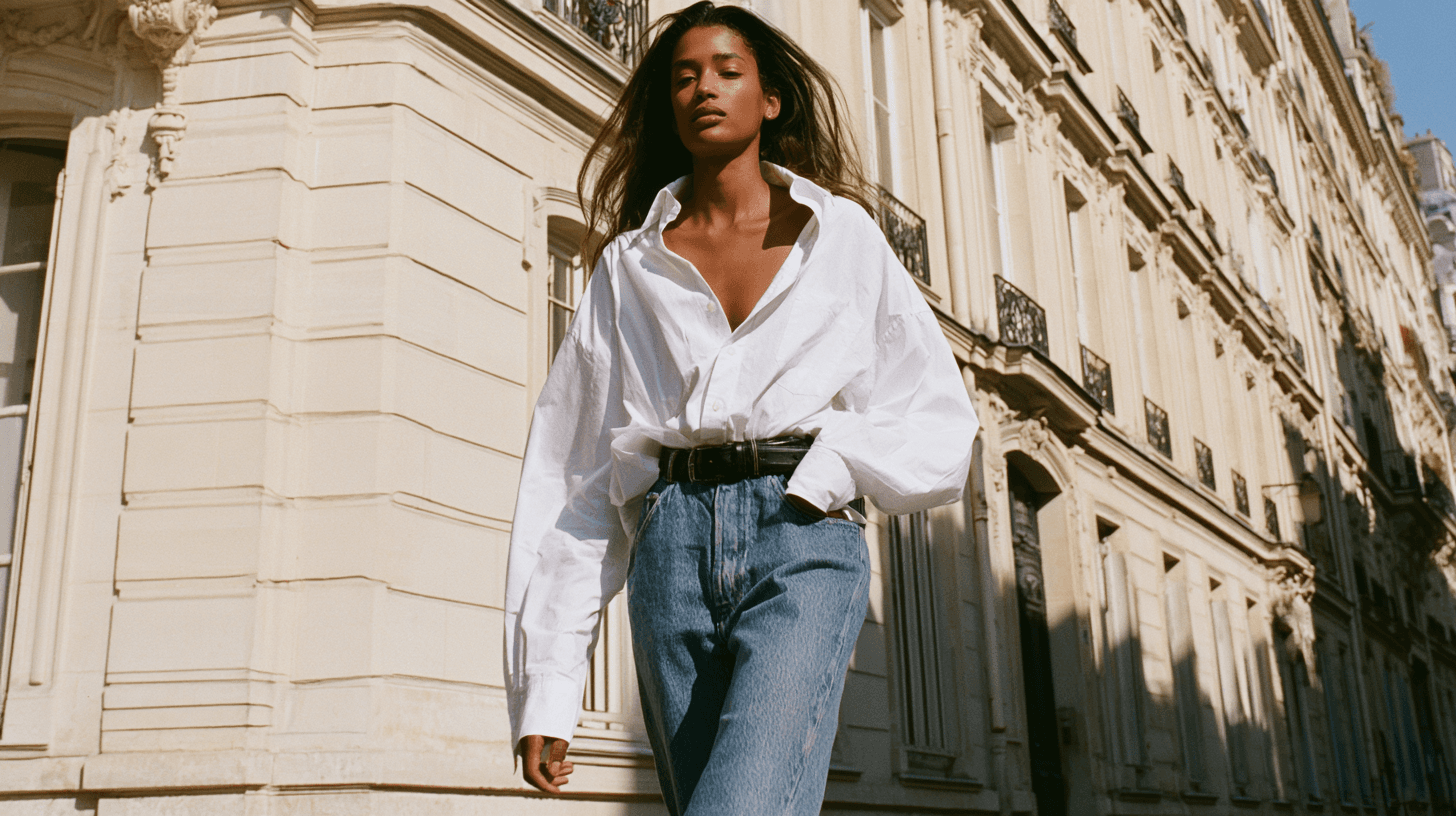 A woman in an oversized white shirt and blue jeans walks below a cream Parisian building, hair blown across her face.