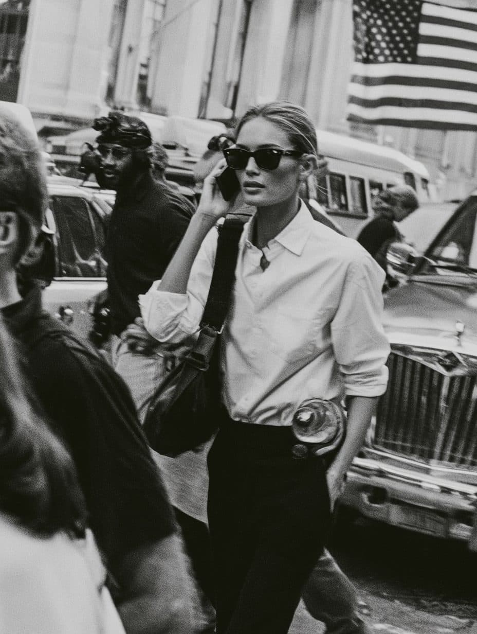 A woman in a white shirt and dark sunglasses on a busy street, cars and a flag behind her.