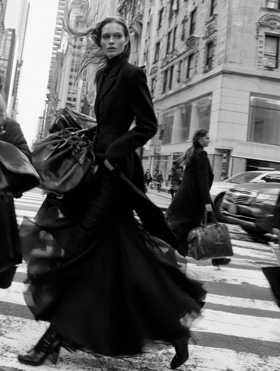 A woman crossing a Paris street in a long black coat, blurred figures behind her.