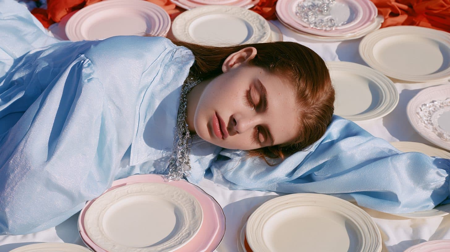 A woman in a pale blue dress lies asleep across a table crowded with stacked plates.