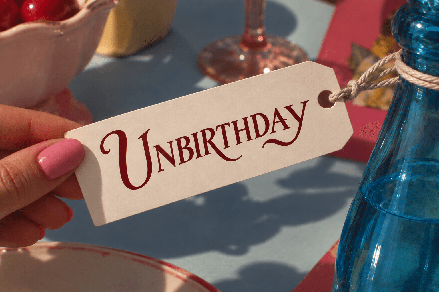 A woven swing tag reading Unbirthday in red script, tied with string beside a tea table set with fruit, glassware and a blue bottle.