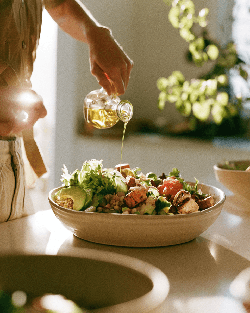 A hand pours olive oil over a grain bowl of greens, grilled chicken, tomato and avocado on a sunlit kitchen counter.