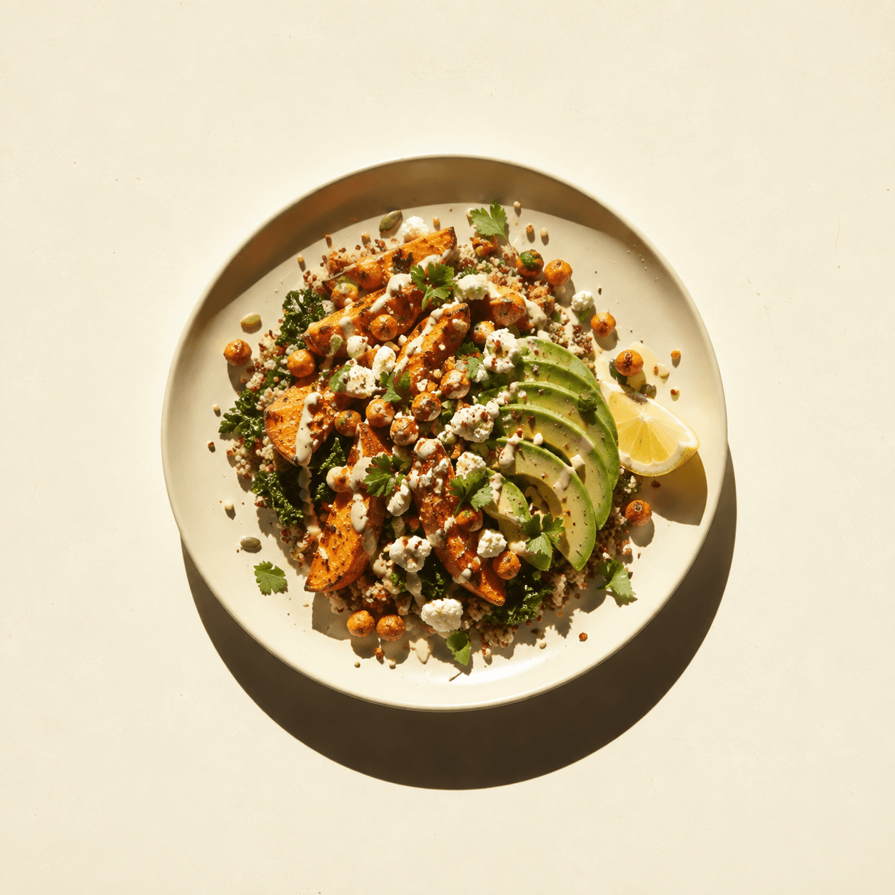 Overhead view of a grain bowl with roast sweet potato, spiced chickpeas, feta, avocado and a yoghurt dressing.