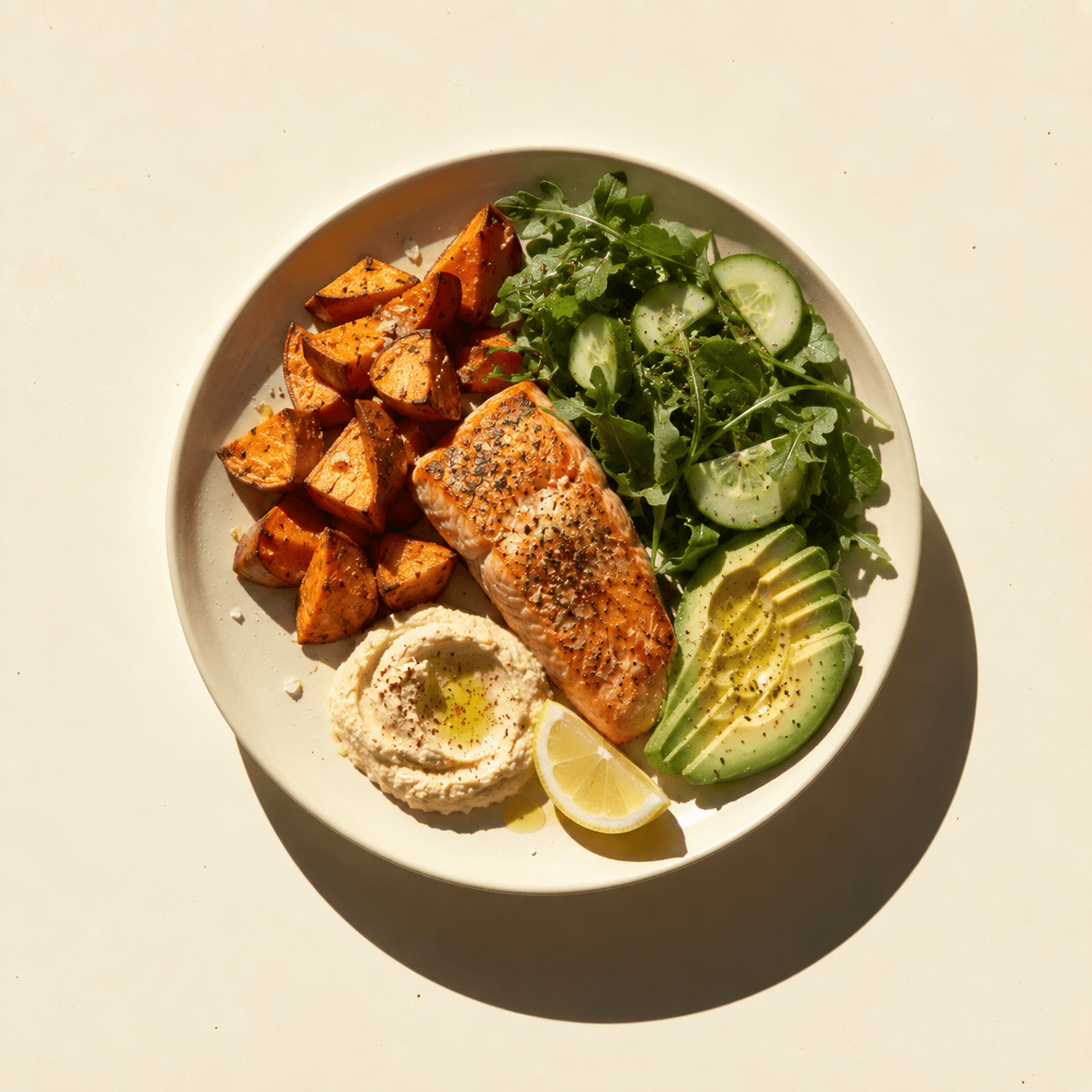 Overhead view of a plate of roast salmon, kale and cucumber salad, sweet potato wedges, hummus and sliced avocado.
