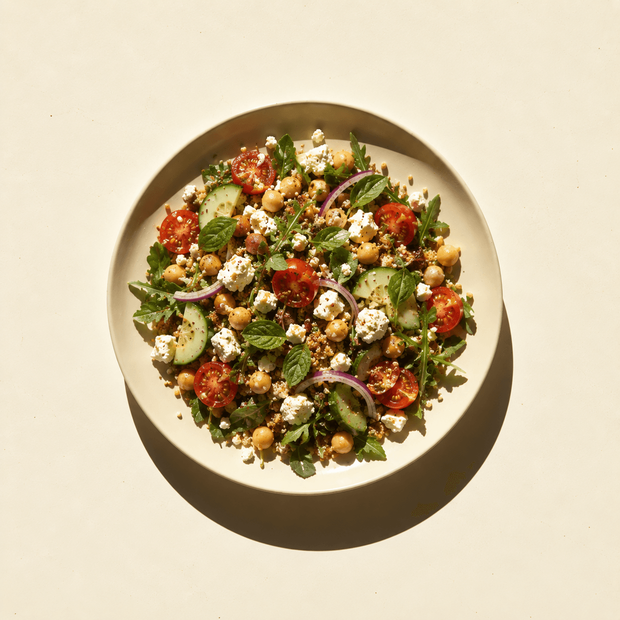 Overhead view of a grain salad with cherry tomatoes, cucumber, feta, chickpeas, mint and rocket.