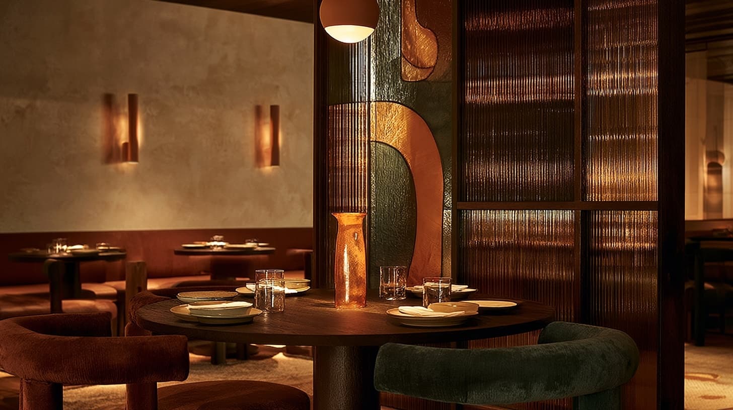 Interior of Ambra, an Italian restaurant, with amber and rust stained-glass panels lit low against dark timber and velvet.