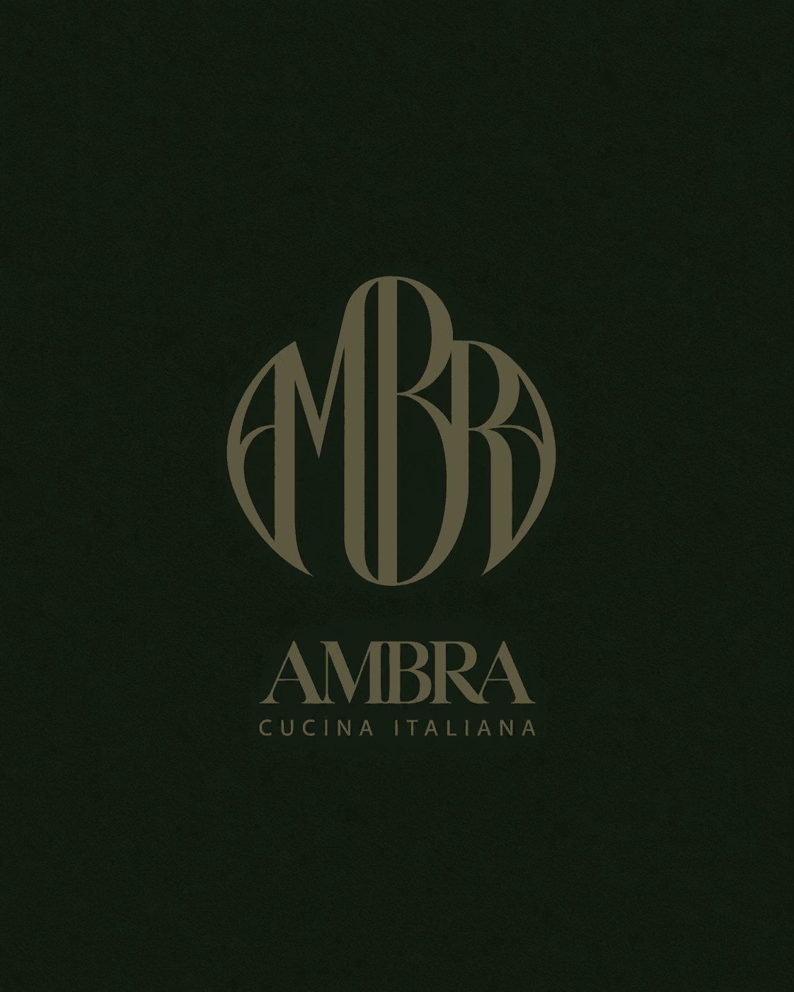 The Ambra menu cover alone: a debossed grid on dark olive leather, AMBRA foiled in gold within the circle.
