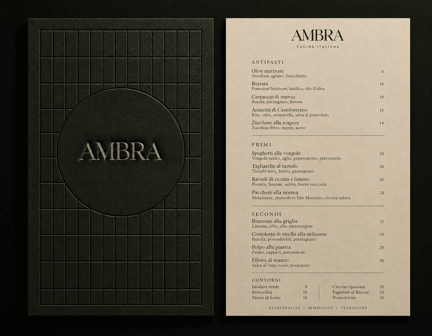 The Ambra menu, front and back: the wordmark on a plain olive cover, and the printed menu beside a cropped section of the stained-glass window.