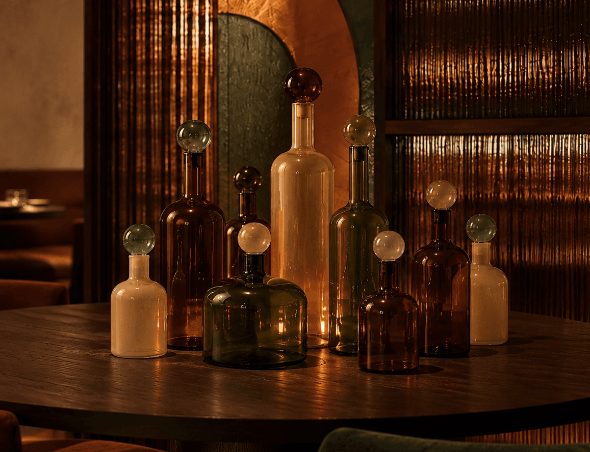 Amber, rust, olive and cream glass bottles and stoppers grouped on a stone surface.